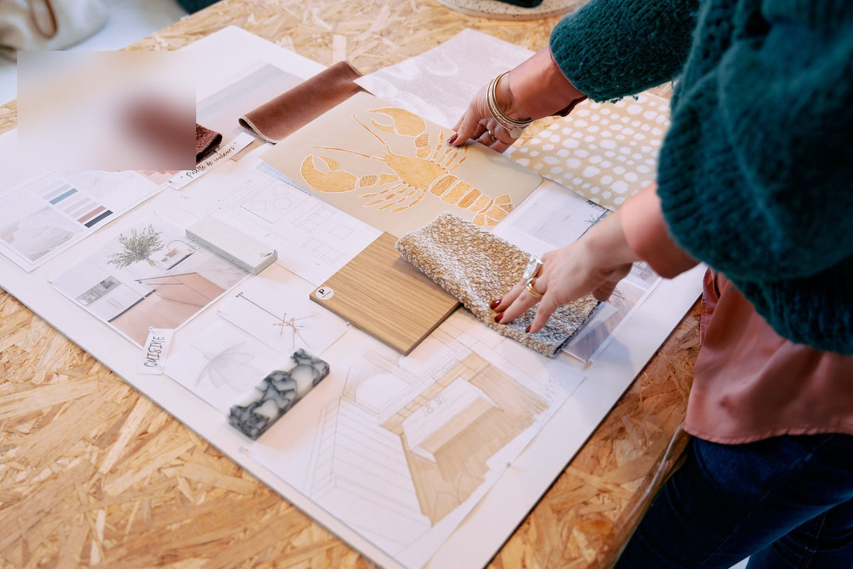 Mood board, samples and sketches